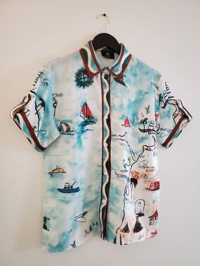 Short-Sleeve Button-Down Shirt in Aqua Maritime Print